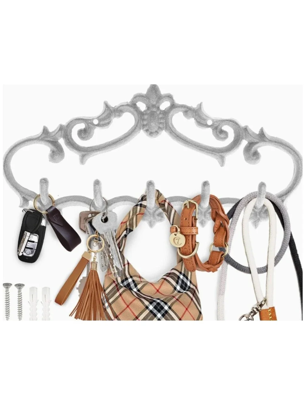 NWT 5-Hook Cast Iron French Country Wall Hanging Coat Rack In Distressed Cream